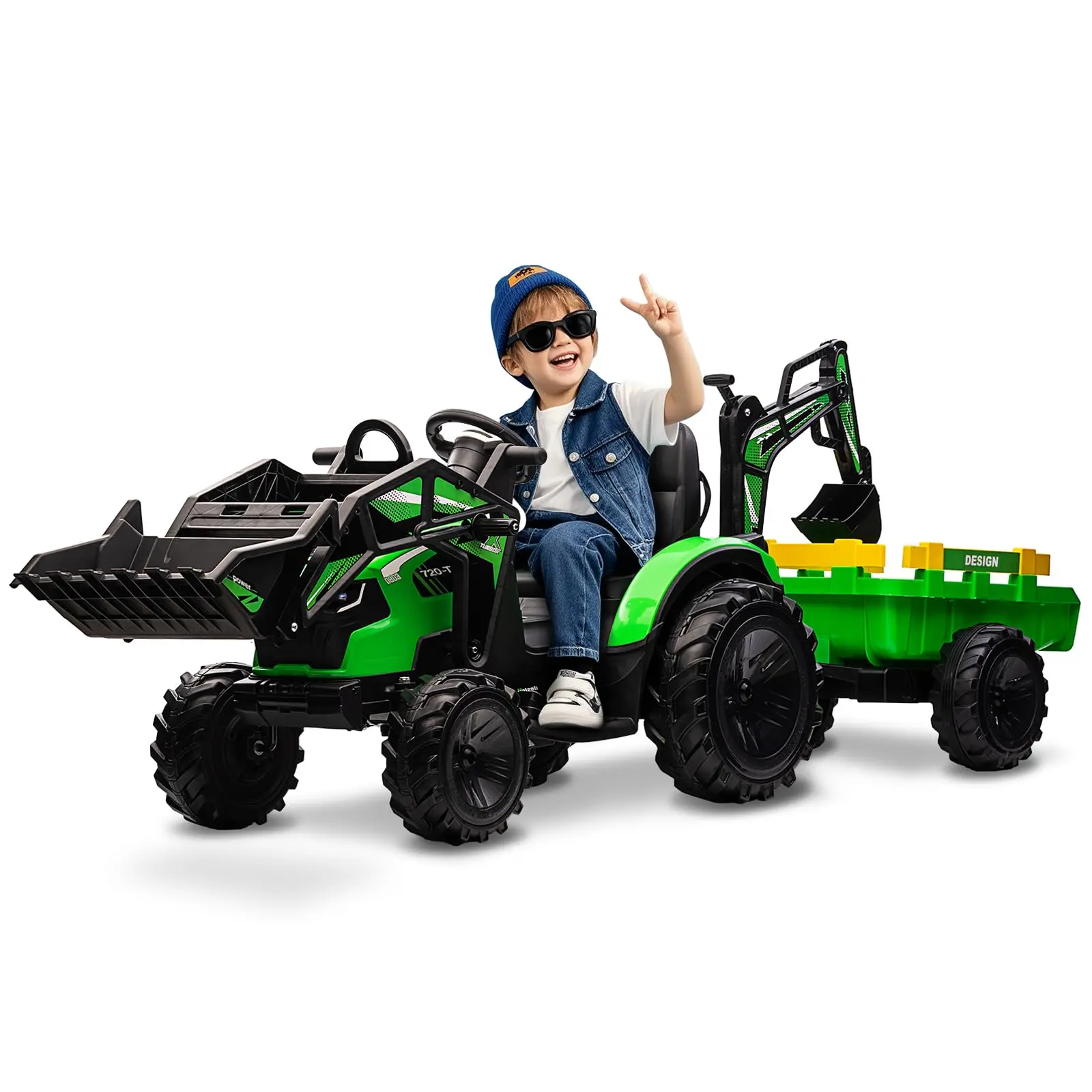 24V 3-in-1 Kids Ride-On Tractor Excavator Bulldozer, Electric Construction Vehicle with Working Digger Arm, Trailer & Parent Remote Control. EVA Tires, LED Lights, Music, USB. Heavy Duty Outdoor Toy for Boys Girls Age 3-8