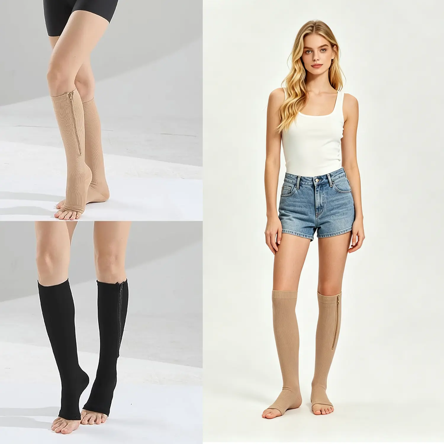 1/2/3Pairs Zipper Compression anti-slip sport Socks Open Toe 20-30mmHg Copper Infused Knee High Compression Stockings Easy On Zipper Leg Support Socks for Walking Running Work Travel Reduce Leg Swelling Fatigue for Men Women