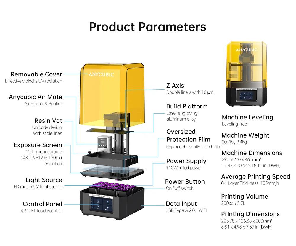 Photon Mono M5s Pro 14K Mono MSLA 3D Printer 10.1'' LCD Resin 3D Printer Speed Up to 150mm/h Print Size 223*127*200mm