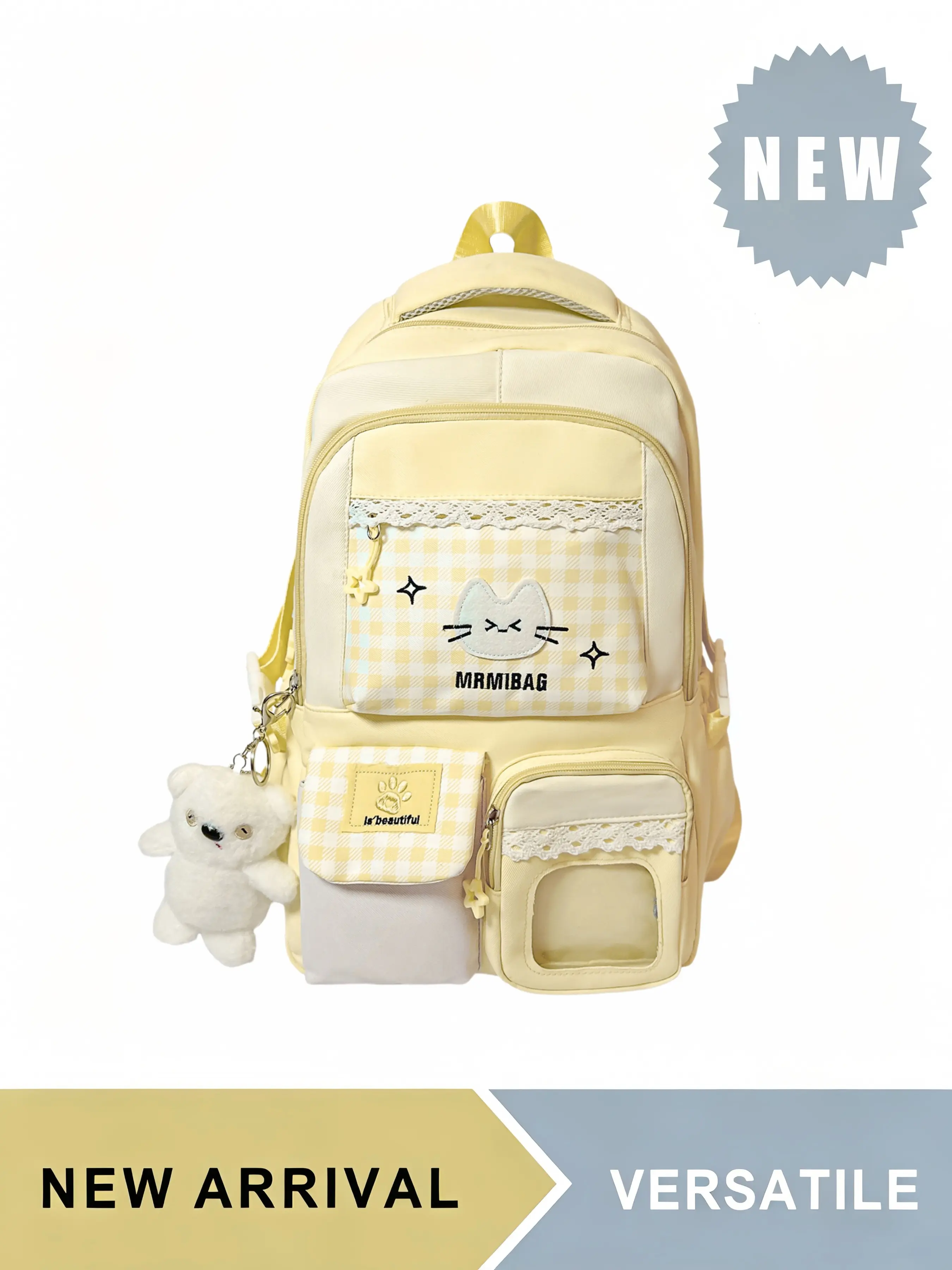 Cat Plaid Backpack with Bear Pendant for Teen Girls, Kawaii Lace Trim School Daypack with Multi Pockets & Luggage Strap, Large Capacity Lightweight Shoulder Bag for Hiking Trekking Travel Commute Daily Use, Adjustable Padded Straps, Casual Backpack