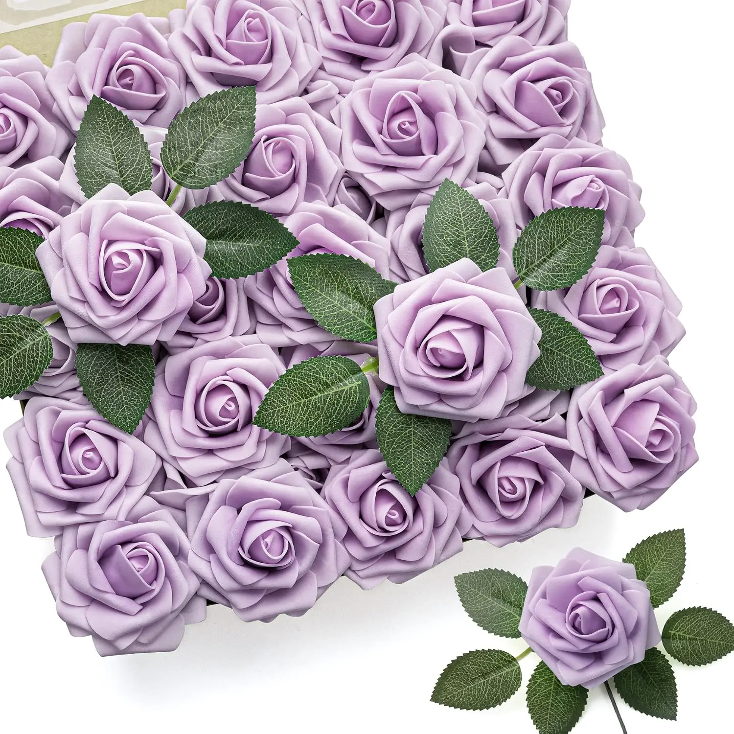 50Pcs Rose Artificial Flowers, lavender Fake Roses for Decorations, Light Purple Foam Fake Flowers with Stems DIY Wedding Bouquet Bridal Shower Centerpieces Floral Arrangement Party Home Decor