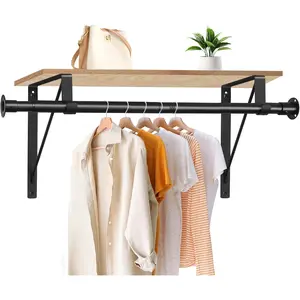 16 to 51 Inch Heavy Duty Adjustable Closet Rods, Wardrobe Poles for Hanging Clothes with Bracket Support, Shelf NOT Included (Black)