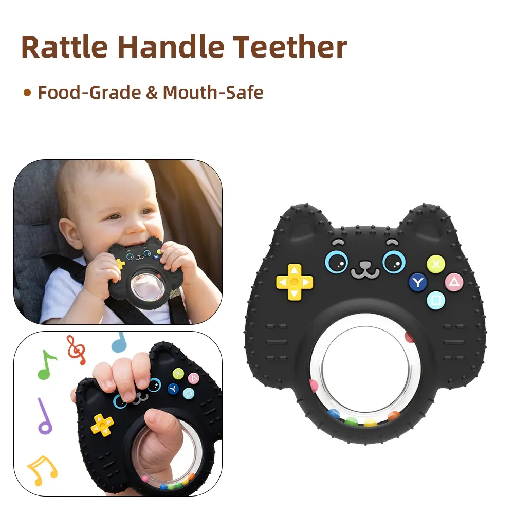 Baby Silicone Rattle Teether Toy, Game Controller Cat Shape, BPA-Free, Easy Grip Textured Chew Toy with Bead Rattle for Babies, Lightweight Sensory Teething Toy