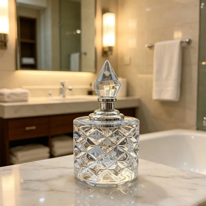 Luxury Cut Glass Diffuser Bottle, Aroma Bottle, Diamond Shape Stopper, Thick Transparent Glass, Home Fragrance, Essential Oil Dispenser