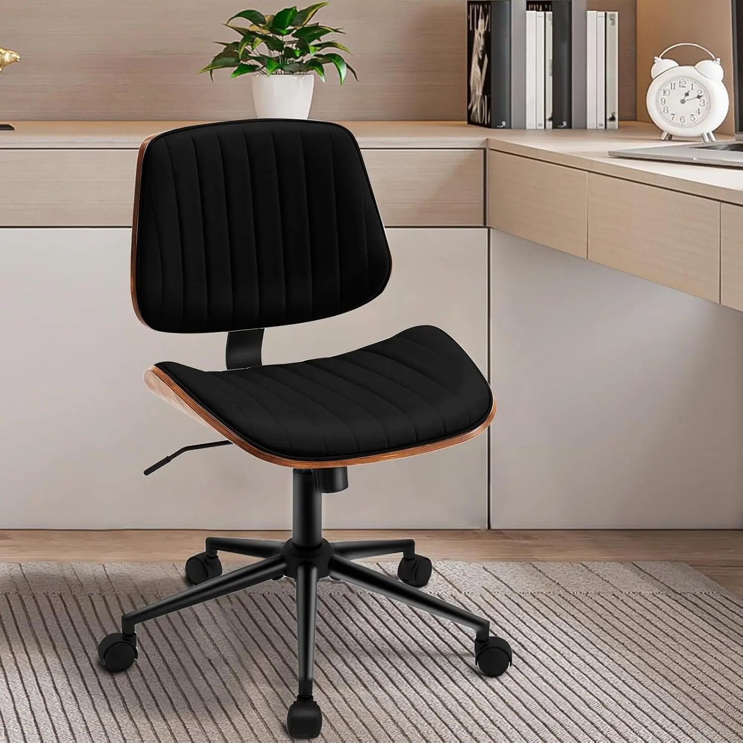 Armless Desk Chair with 360°Swivel Wheels,  Adjustable Height  Chair for  Office,PU Leather with Modern Walnut Drafting Chairs for Office, Reading Nook(Black)