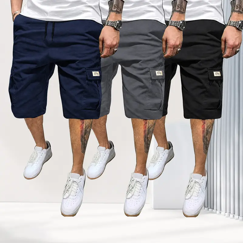 URMCZ Men's Fitted 2-Piece Chic Preppy Cargo Shorts Set - 100% Polyester, Casual, Summer, Drawstring, Color-Mixed, Lightweight, Slanted Multi-Pocket Carry, Bulk Fashion Beach Gym Wear (Brown, Black, Green, Pink)