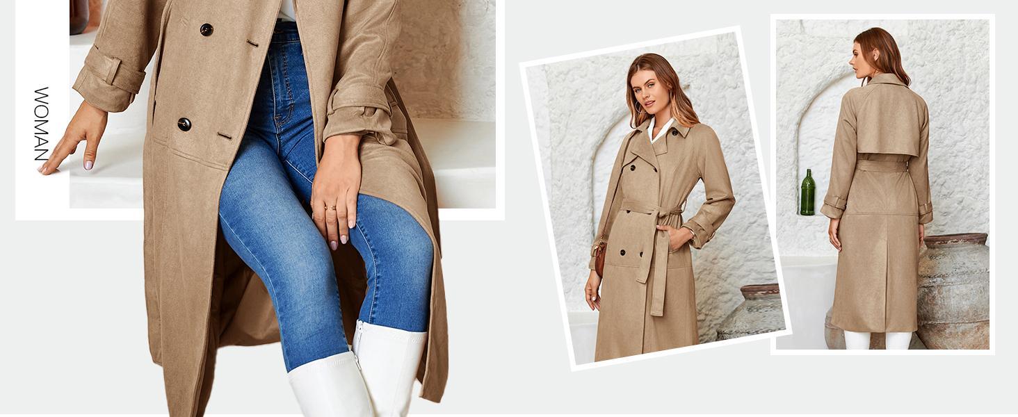Imily Bela Womens Long Trench Coat Fall Faux Suede Jackets Double Breasted Lapel Pea Coat with Belt