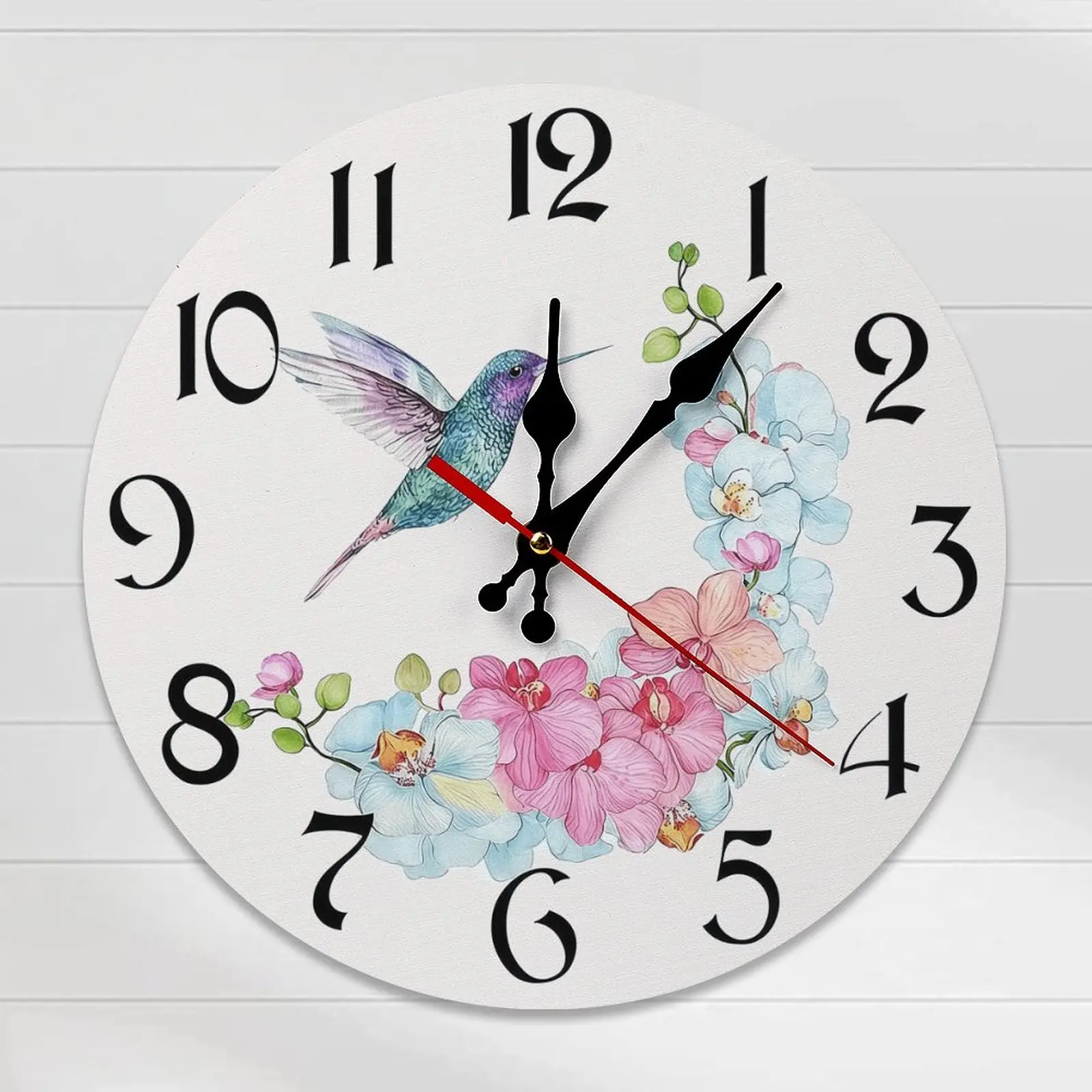 10-12 in Flower Watercolor Hummingbird Orchid Wall Clock - Easy Assembly, Soft Floral Farmhouse Home Decor, Home Supplies Clock