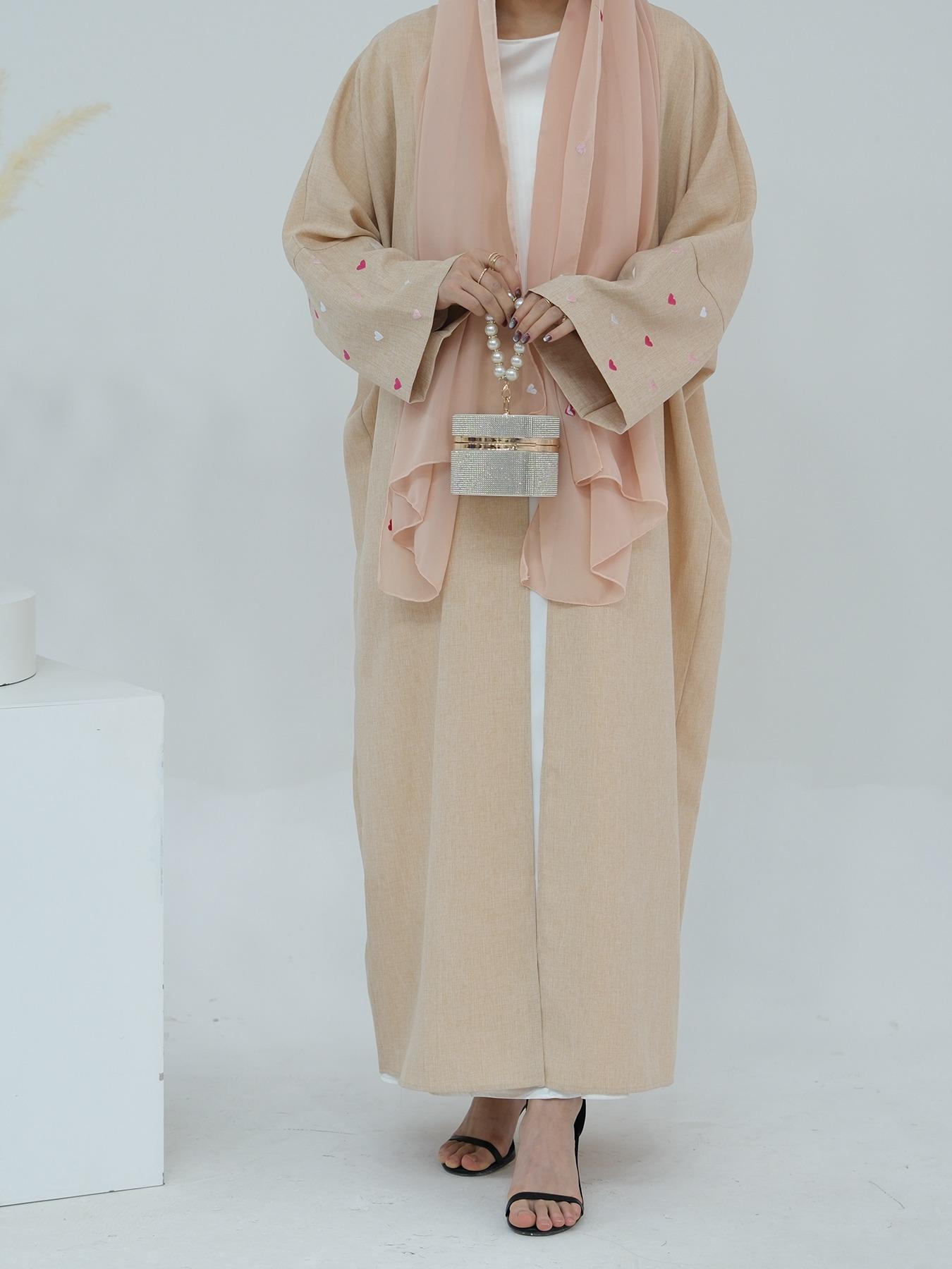 Women's Heart Embroidery Long Sleeve Abaya, Modest Casual Outerwear for Daily Wear, Ladies Islamic Clothing for All Seasons, Modesty Abaya