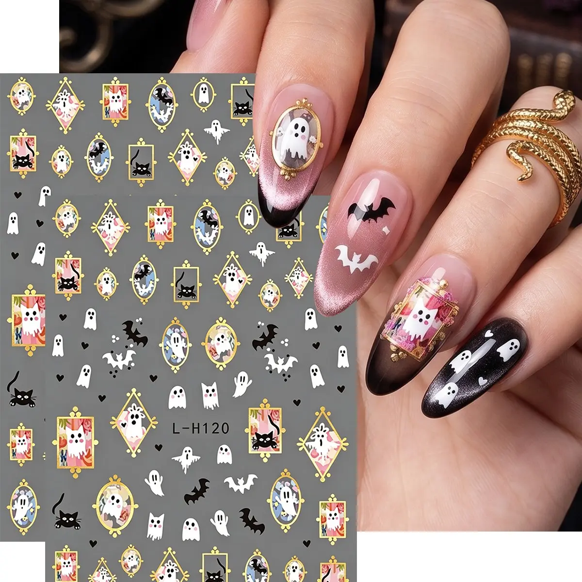 2 Sheets Vintage Baroque Gothic Halloween Nail Stickers, Gold Frame Ghost, Cat, Bat, Flower, DIY Nail Art Decorations, Nail Art Supplies