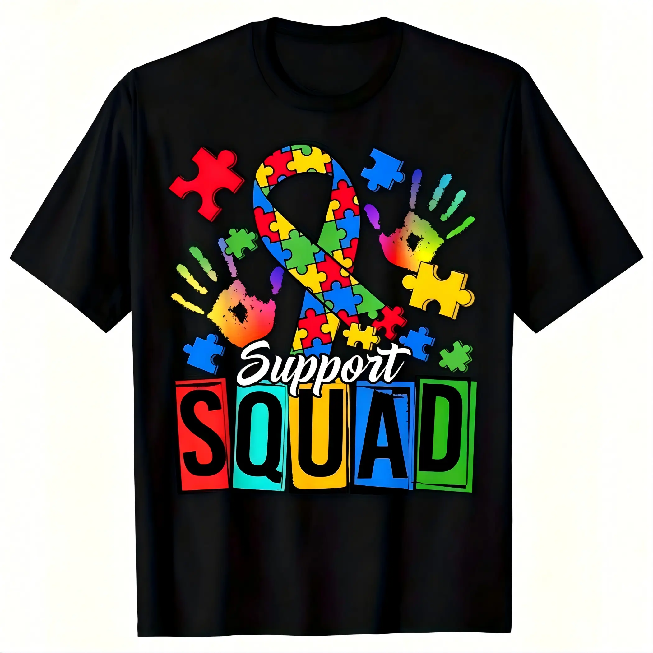 "Support Squad" Autism Awareness Graphic T-Shirt for Men Women – Soft Stretch Cotton Crew Neck Short Sleeve, Rainbow Puzzle Piece Ribbon Handprint Tee, Regular Fit Inclusivity Streetwear, All Season Wear, Autism Support Gift, Machine Washable