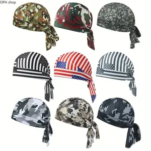 Adults' 9-Pack Cooling Sweat-Wicking Durags - Breathable Polyester Fitted Caps, Men’s Sports Head Wraps for Motorcycle Riding, Outdoor Activities, Camo & American Flag Design Headwear Gear