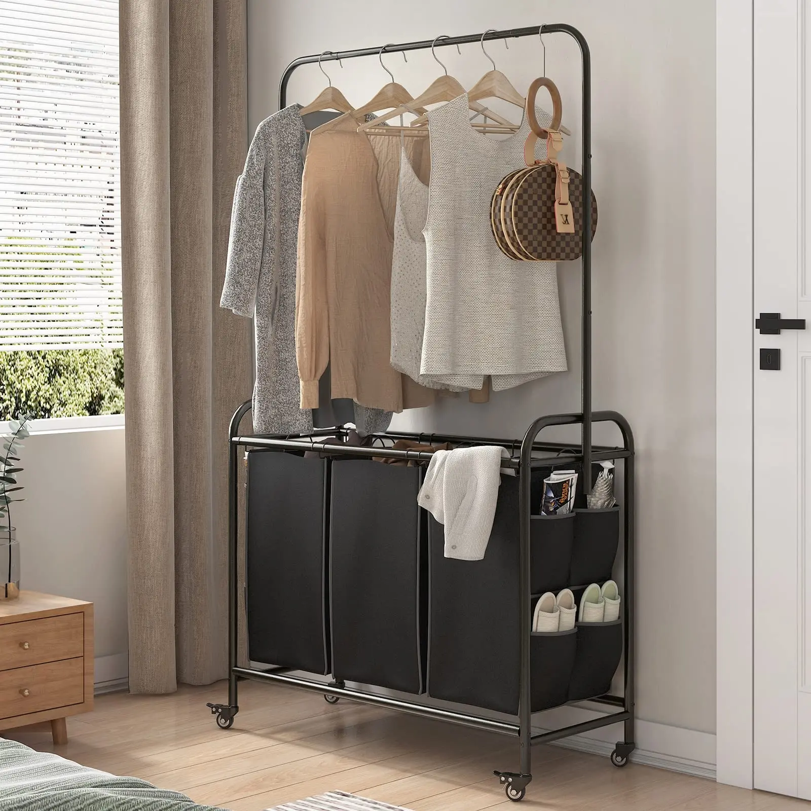 SUOERNUO Modern Rectangle Portable Clothes Basket - 3-Bag Laundry Sorter Cart with Metal Frame, Hanging Bar, Lockable Floor Caster Rubber Wheels, Removable Bags, Carry Handle, Collapsible & Detachable for Laundry Room Organiser, Bathroom