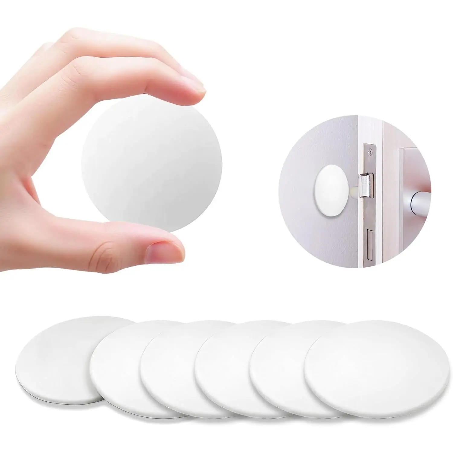 6-Pack White Synthetic Door Knob Wall Stoppers, Self-Adhesive 2 in Bumpers with Wall Protection, Shock Absorber for Quiet Shock Reduction, Damaged Surface Coverage