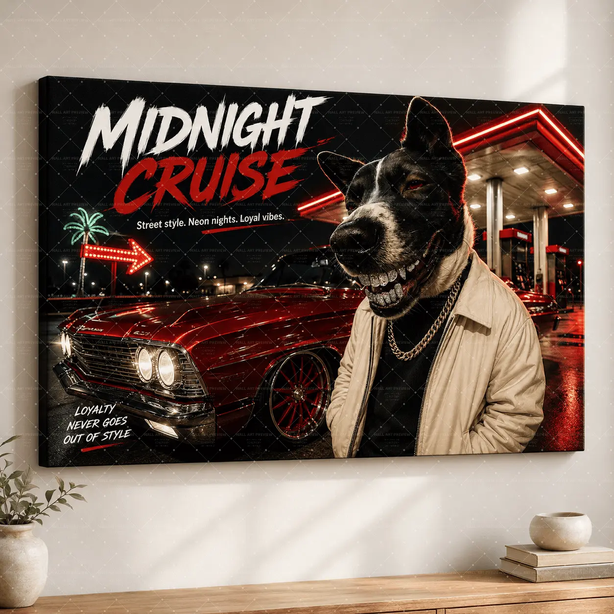 "Midnight Cruise" Hip-Hop Canvas Wall Art, Cool Pitbull with Gold Chains & Lowrider Car Print, Aesthetic Living Room Bedroom Decor, Urban Streetwear Statement Poster Gift,wall decor,poster.