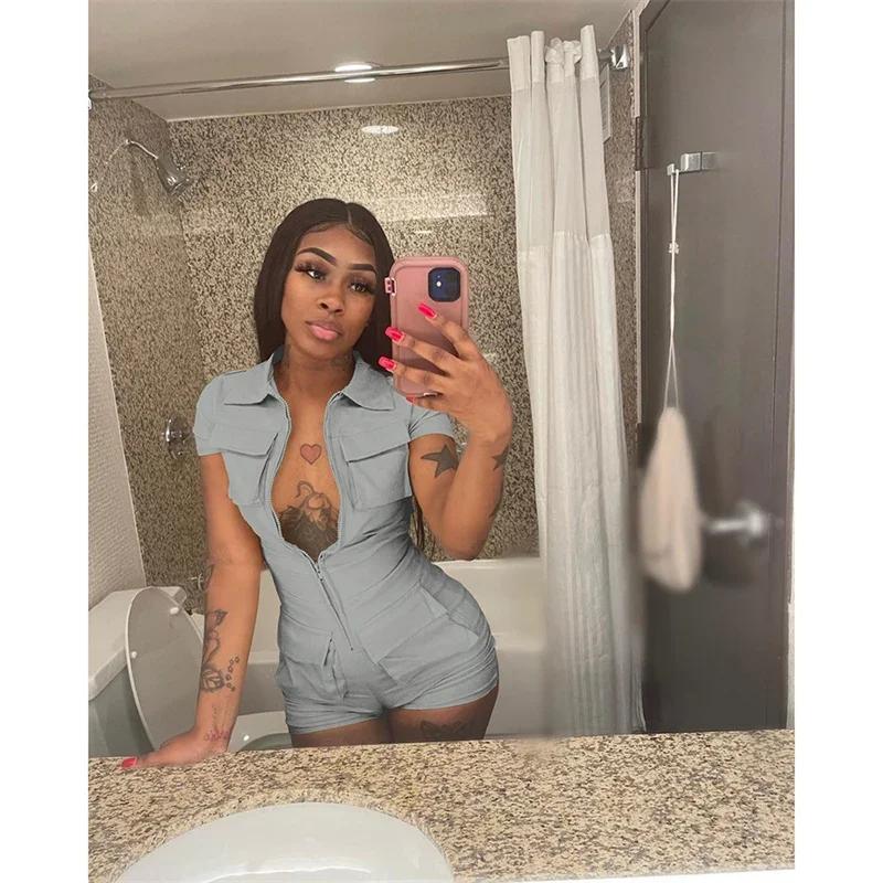 Streetwear Zipper Pockets Shorts Jumpsuit Women Clothing Short Sleeve Skinny Cargo Playsuit Summer Casual Pieces Romper