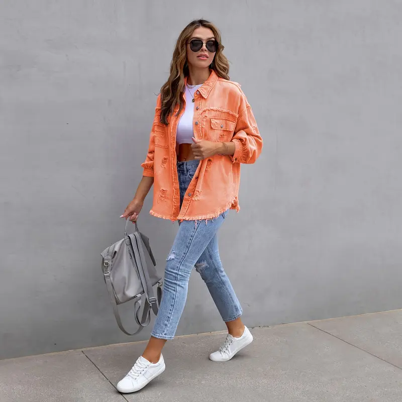 Women's Plain Denim Fabric Jacket - Loose Fit, Ripped Look, Long Sleeves, Medium Length Outerwear, Regular Sleeve, Street Casual