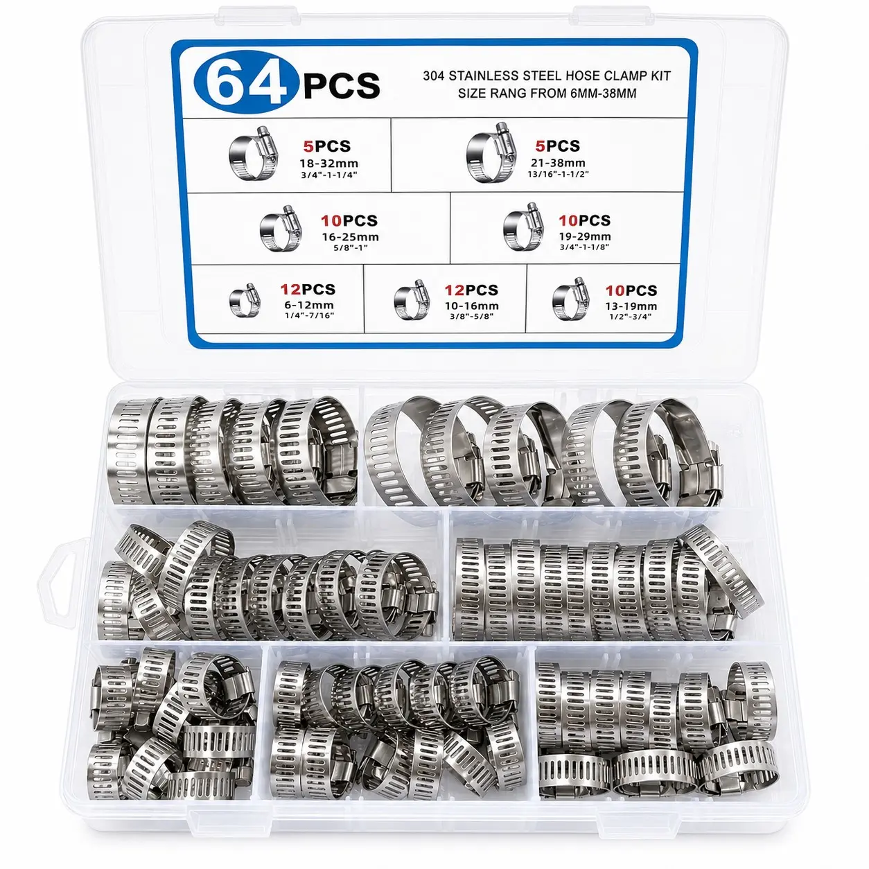 64Pcs Hose Clamp Assortment Kit, 6-38mm Stainless Steel Durable Adjustable Pipe Clips for Fuel Water Hose