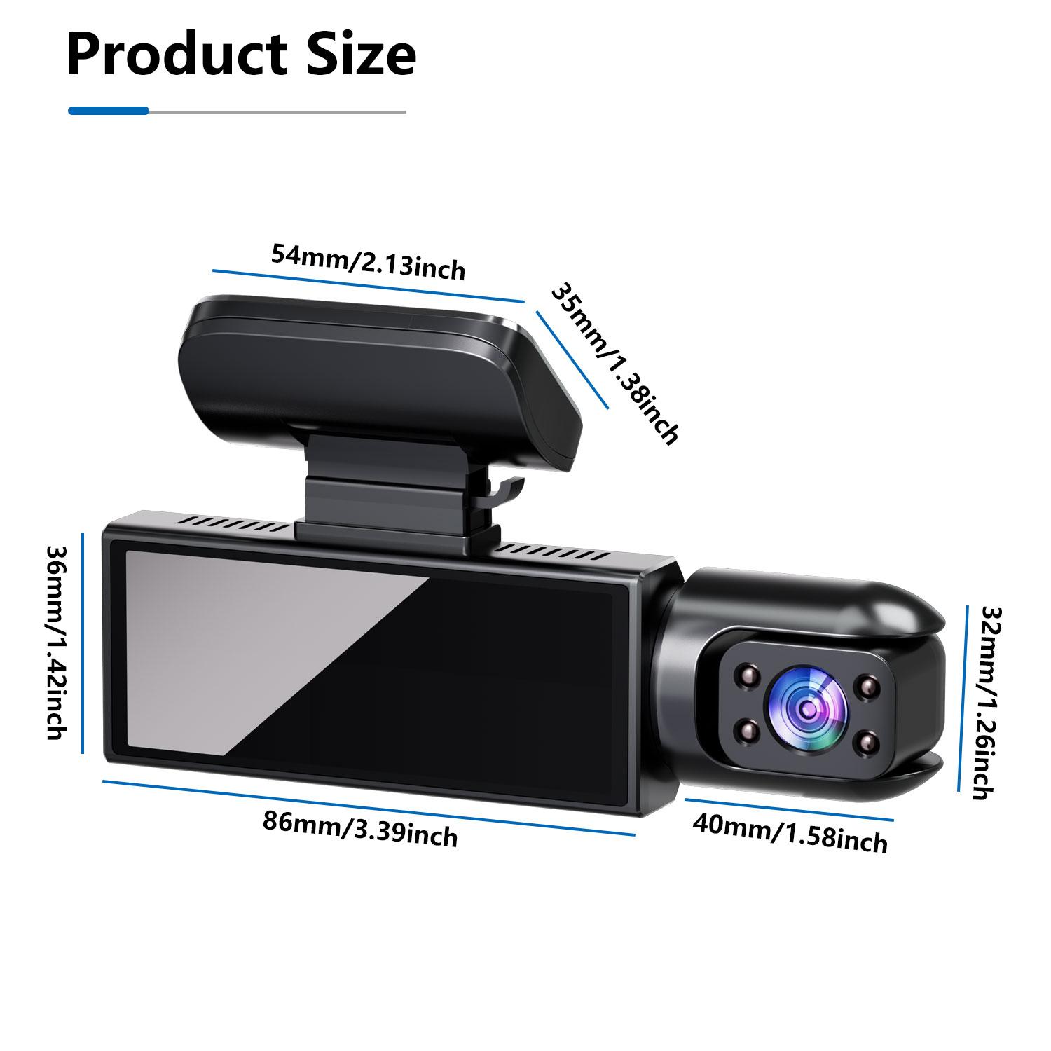 1080P Front & Interior Dual Recording Dash Camera, HD Car DVR with IR Night Vision, 3.16-Inch IPS Screen and Wide-Angle Video Surveillance, Automotive DVR Camera