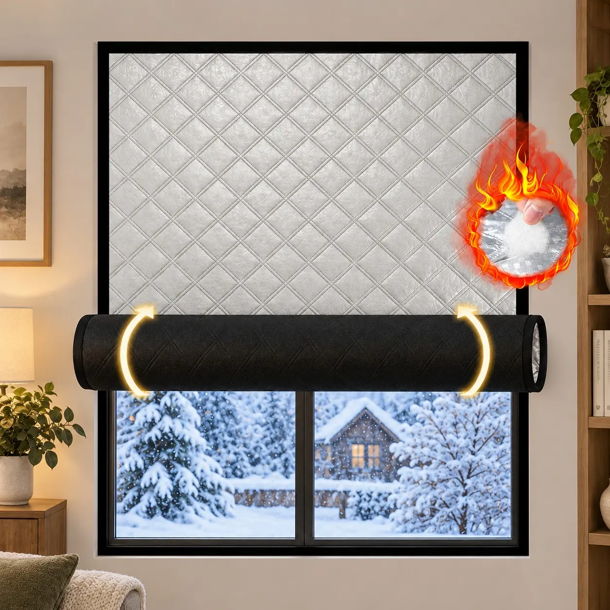 Winter Thermal Insulated Window Curtain, Self Adhesive Blackout Cover, Thickened Cold Weather Draft Blocker for Bedroom & Living Room