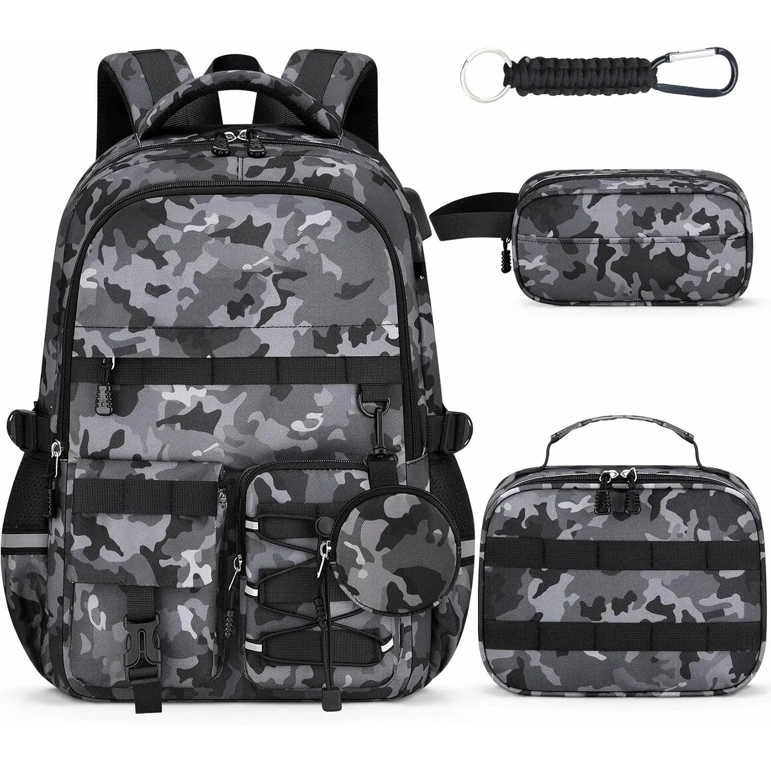 Boys' Camo Military Backpack 5-Piece Nylon School Set - 18" Bag with Lunch Box, USB Port, Keychain, Coin Purse, Molle System, Built-in Charging Cable, for Back-to-School, Christmas, Birthdays, Military Look