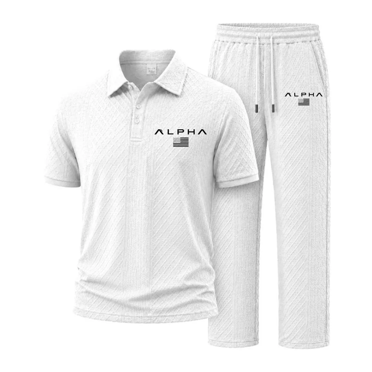 Trending Men’s Polo & Long Pants Alpha Flag Print Set, Jacquard Texture Summer Outfit, Lightweight Breathable Sport Set, Streetwear Matching Set