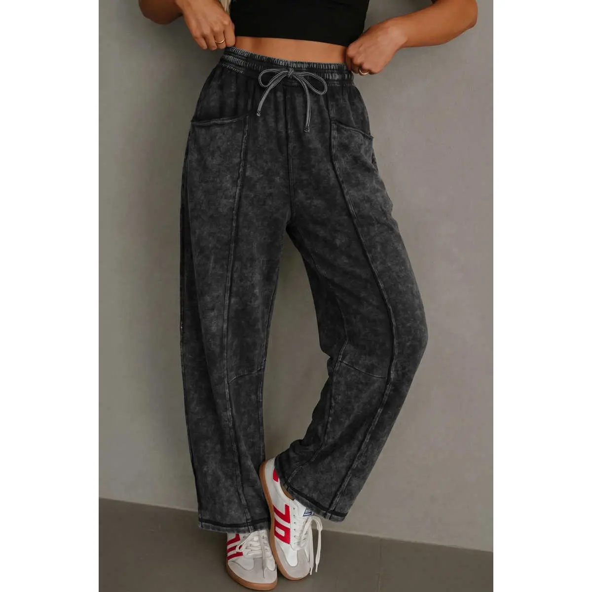 Black Mineral Wash Raw Seam Drawstring Elastic Waist Barrel Pants