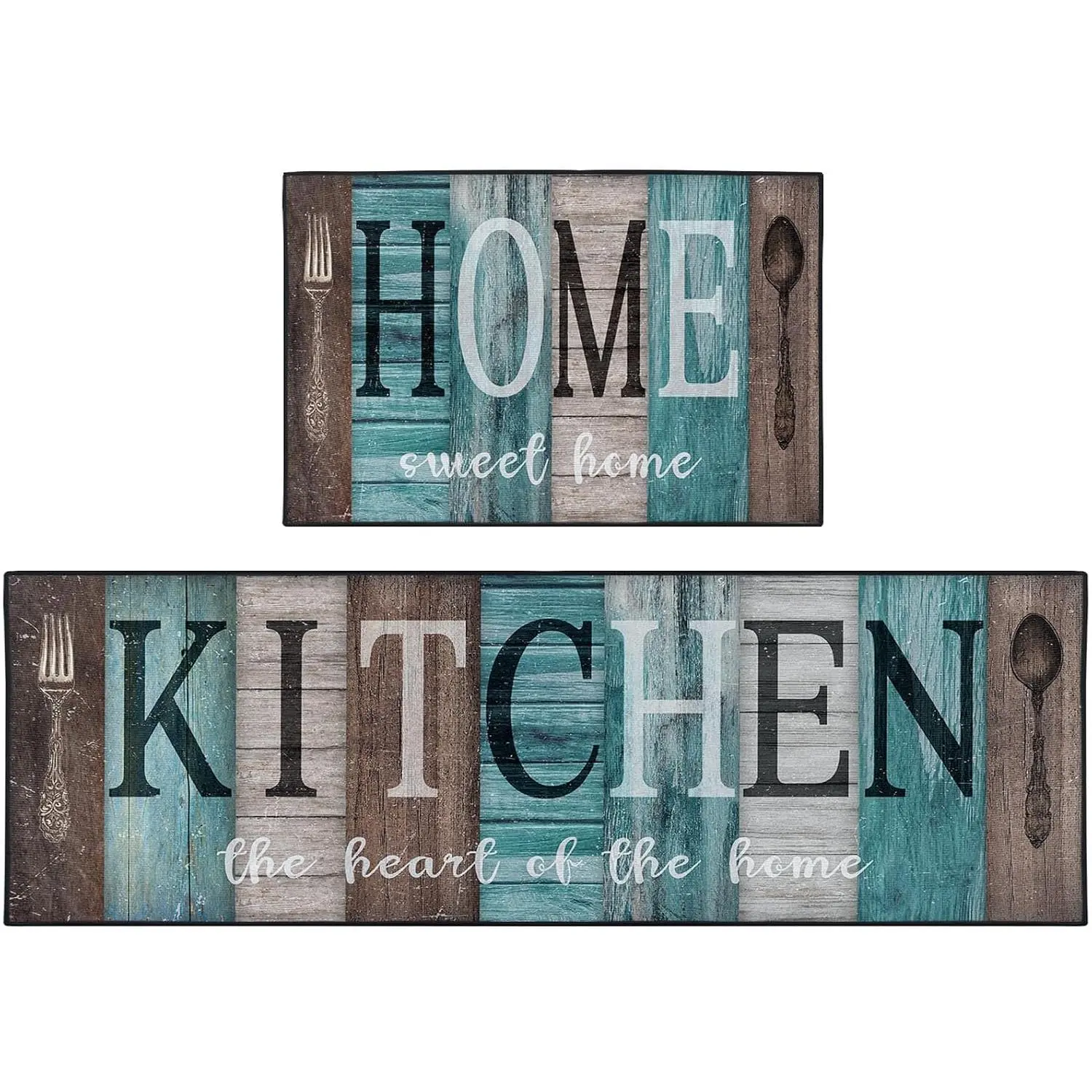Turquoise Teal Kitchen Rugs and Mats Non Skid Washable Set of 2, Brown Wooden   Floor Mats, Sweet Heart  Runner Rug, Rustic Kitchen Decor