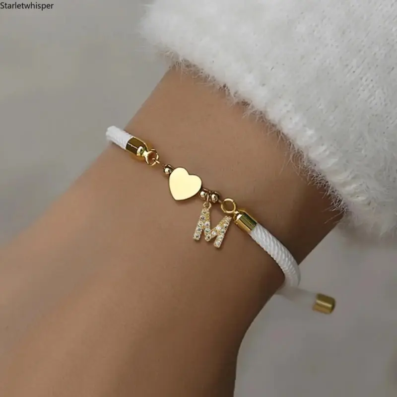 Women's Retro Adjustable PVC Rope Charm Bracelet - Heart Initial Letter Love Bracelet, All-Match All-Seasons Fashion Wrist Jewelry for Daily Wear