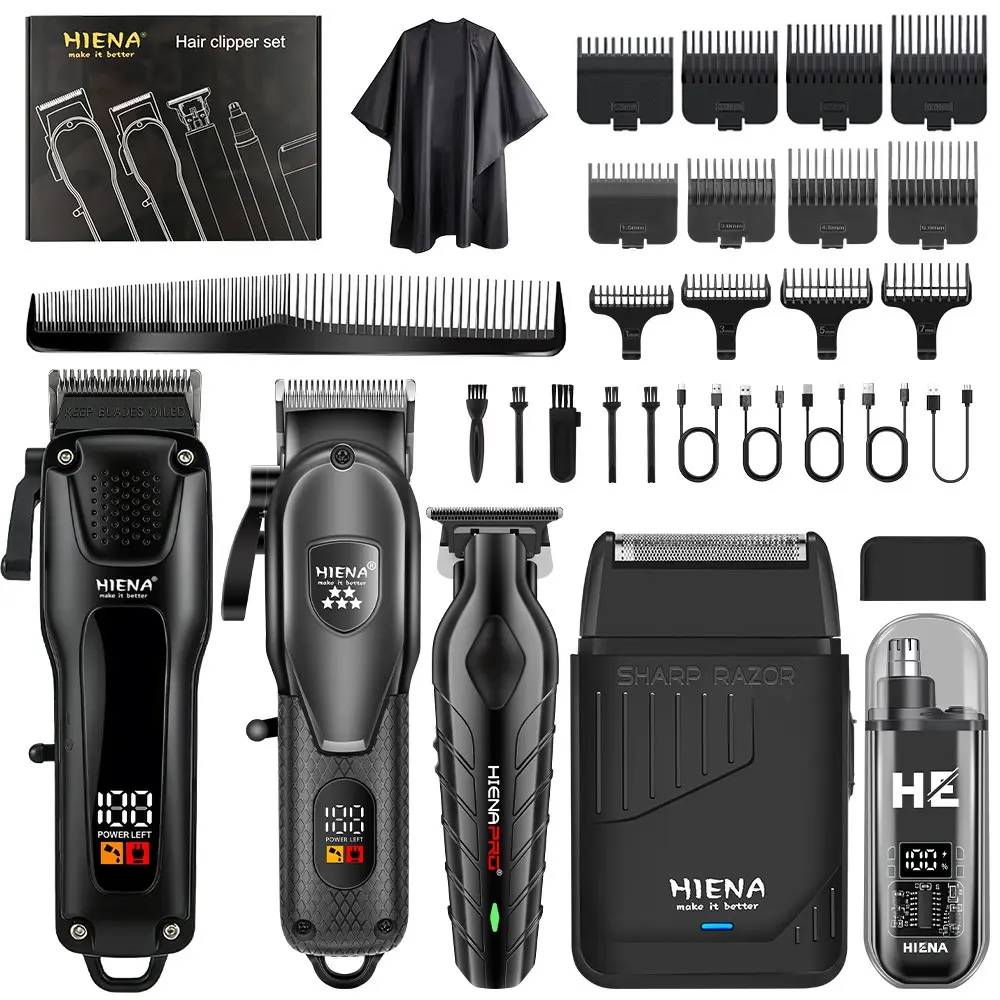 5-piece black hair clipper set, rechargeable cordless clippers, men's pompadour carving scissors reciprocating electric beard trimmer with USB cable charging, cordless long-lasting, men's gift, Father's Day gift