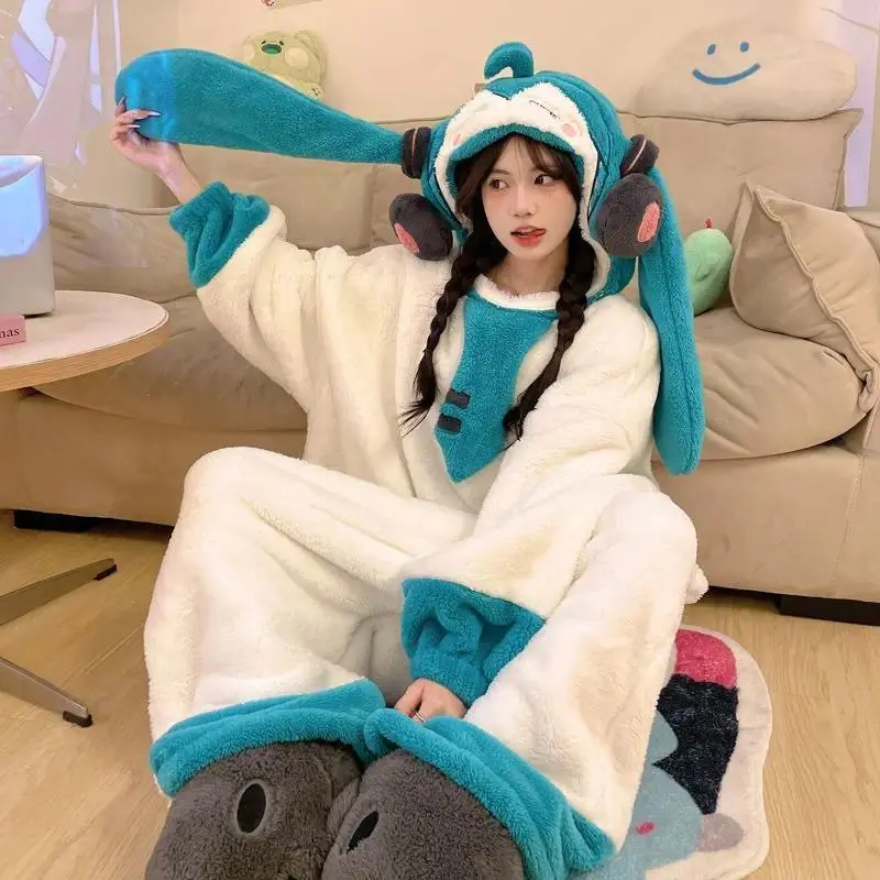 Cute Cartoon Kawaii Hatsune Miku One Piece Pajamas Couples Winter Coral Velvet Pajamas Animation Anime Home Clothes