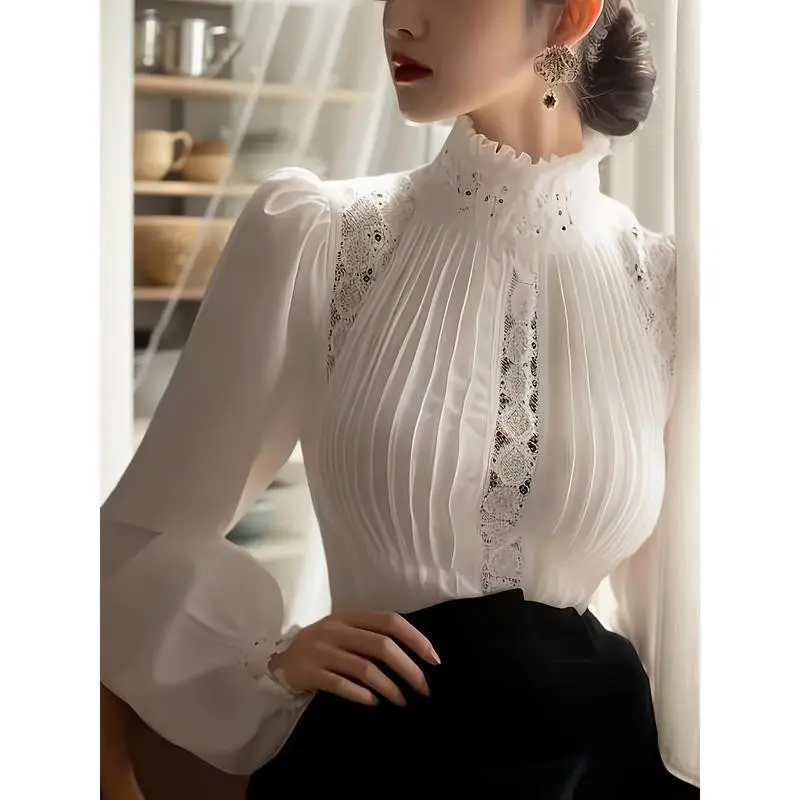 Elegant White Lace-Trimmed Turtleneck Blouse for Women - Chic Pleated Bubble Sleeve Design, Perfect Surprise Gift for Girlfriend Tops Shirts Crewneck Fabric Womenswear Knit Polyester Solid Spandex Vibe Fitted