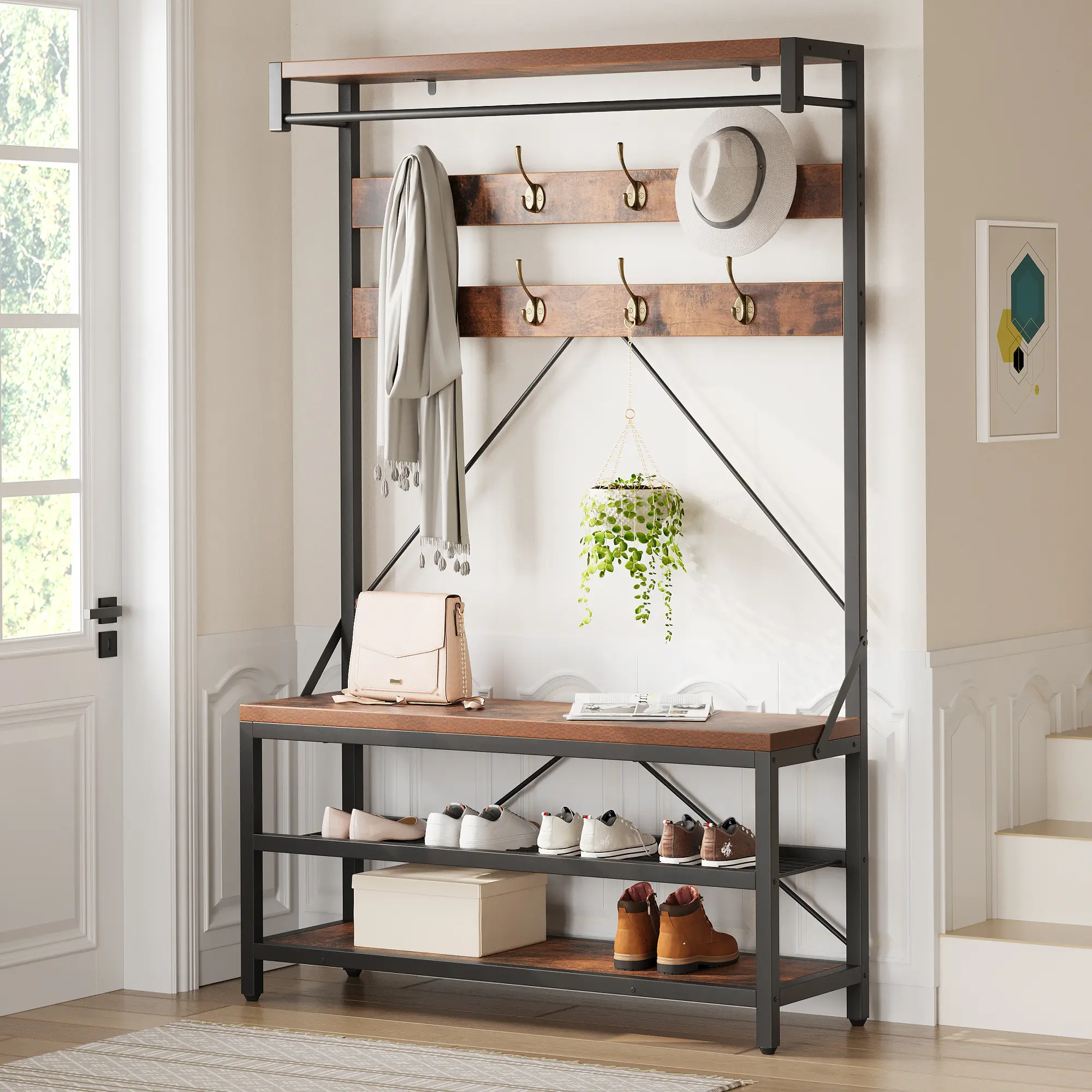 Industrial Hall Tree Coat Rack with Bench and 2-Tier Shoe Storage – 8 Hooks, Hanging Bar, Top Shelf – Metal Frame Wood Accent Entryway Organizer for Hallway, Mudroom, Bedroom, 39.9"x15.7"x72"