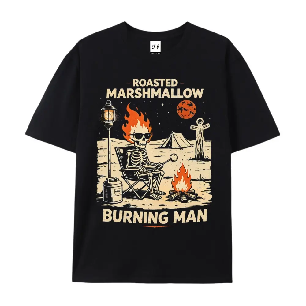 Men's Retro Look Casual Short-Sleeve Cotton T-Shirt, Menswear with Bold Graphic - Roasted Marshmallow, Burning Man Skeleton, Desert Camp Bonfire Camping Design, Shortsleeve, Soft Cotton