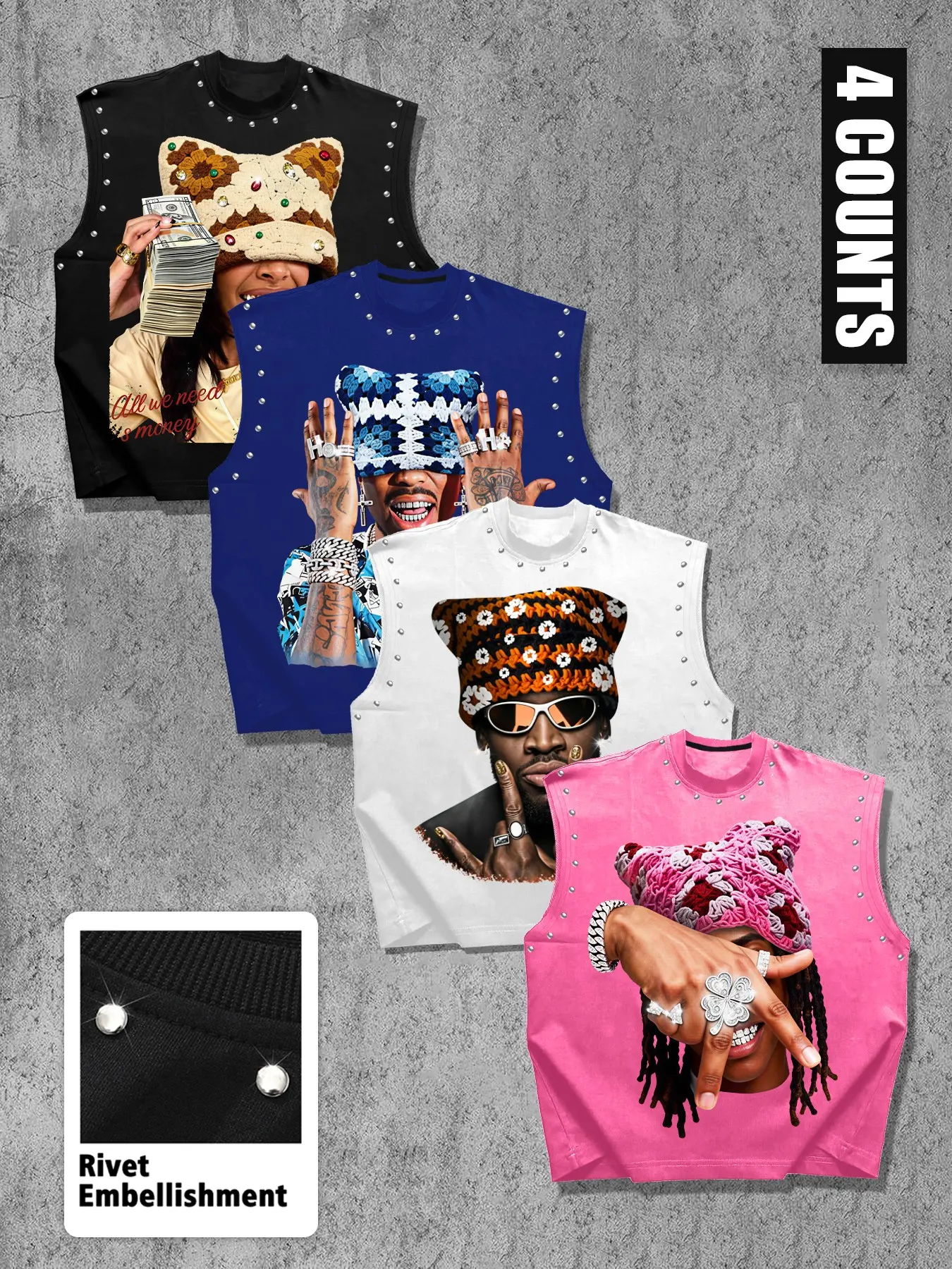 Men's Casual 4-Piece Tank Top Set, Sleeveless High Street Graphic Portrait Print, Regular Fit, Trendy and Comfortable, Perfect for Daily Wear, Tank Top Undershirt