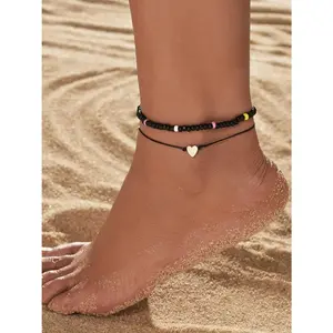 New Style Beaded Elasticity Anklet for Women & Girls, Adjustable Heart Charm Anklet for Daily Wear, Style for Party, Daily Clothing Decor, Exquisite Jewelry for Birthday Gift, Fashionable Jewelry Accessories