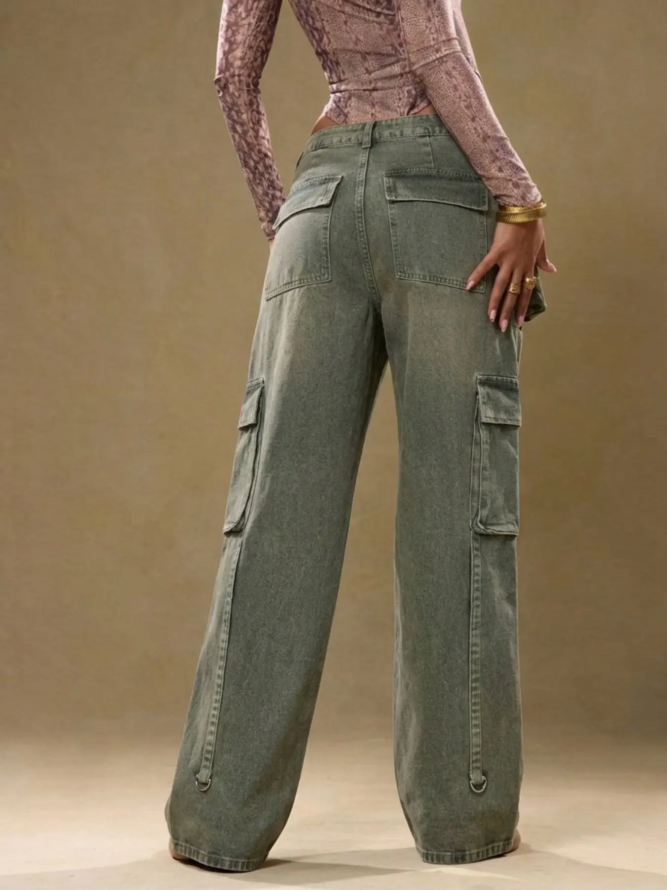 Women's Vintage Acid Wash Olive Cargo Wide Leg Jeans, High Waist Loose Fit, Side Pockets, Retro Millennial Style, Casual Daily Wear