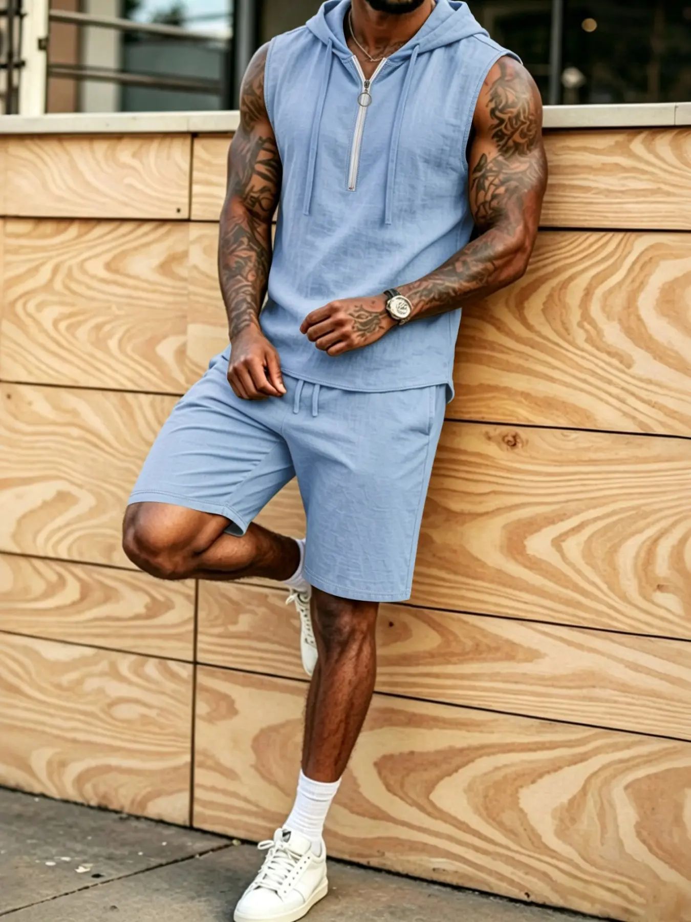 Men's Linen Two-Piece Set, Half-Zip Hooded Sleeveless Vest with Loose Drawstring Shorts, Urban Streetwear for Daily Outdoor Activities