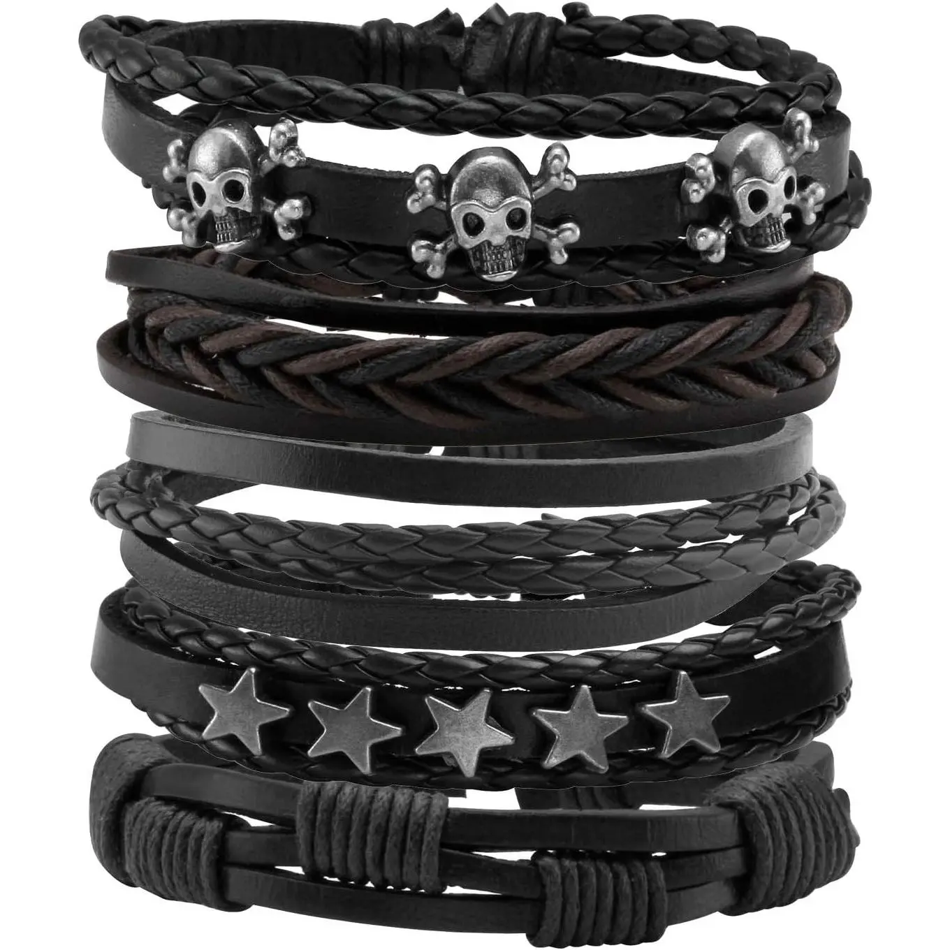 PU Synthetic Braided Bands Bracelets for Men - Adjustable Size, Skull Motif Black Wristband, Party Wear Accessory for Halloween Punk Enthusiasts