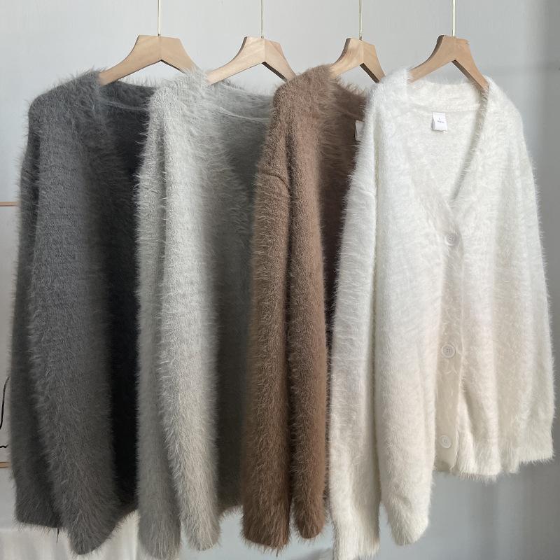 2025 Cross-Border Hot Sale Spring and Autumn Imitation Mink Cardigan Women's Lazy Style Loose Sweater Coat Soft Long Sleeve Knitted Shirt