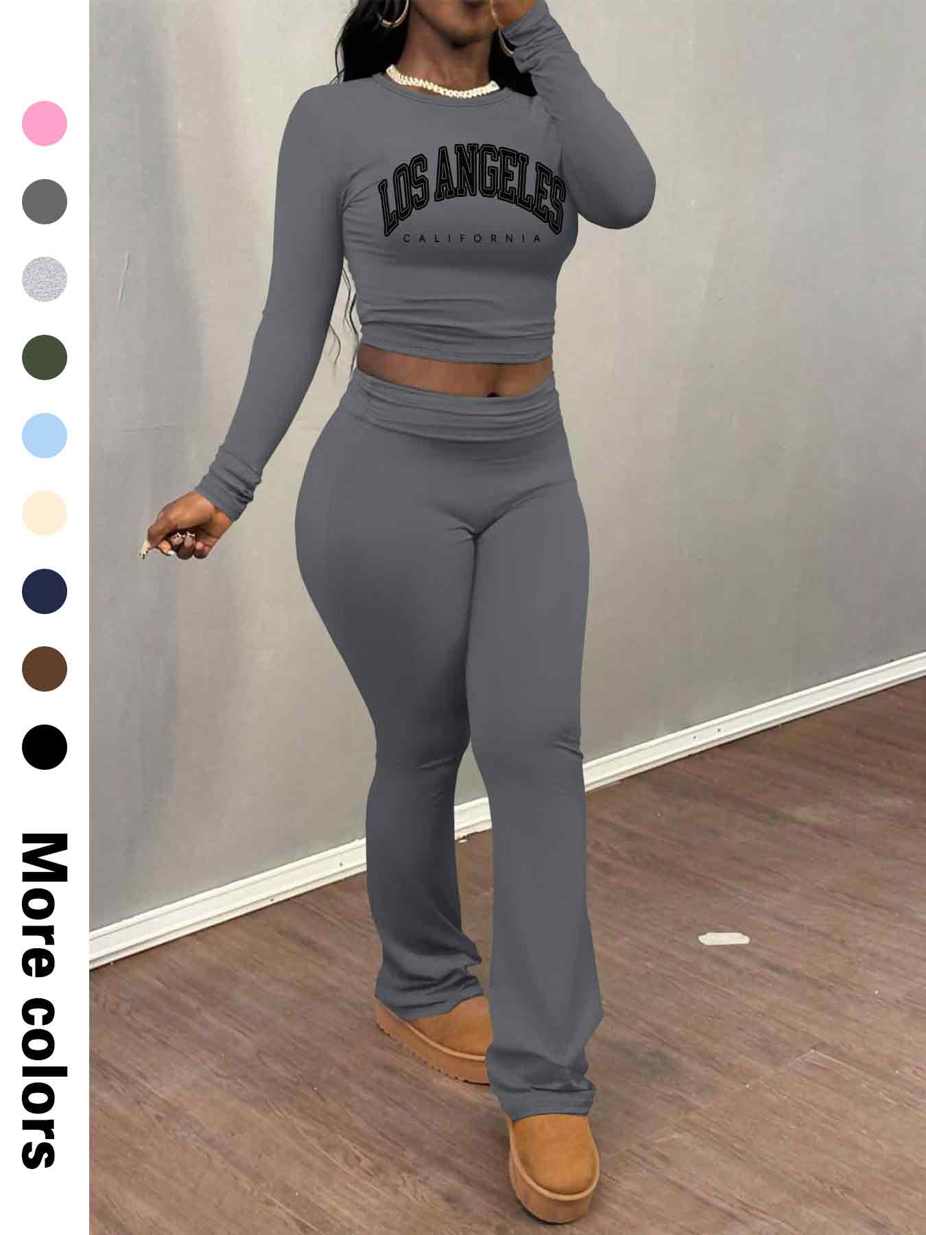 Women's Letter Print Long Sleeve Crop Tee & Plain Flare Leg Pants Two-Piece Set, Casual Fashion Cozy Round Neck Top & Bell Bottom Trousers for Daily Outdoor Wear, Women's Clothing for Fall & Winter