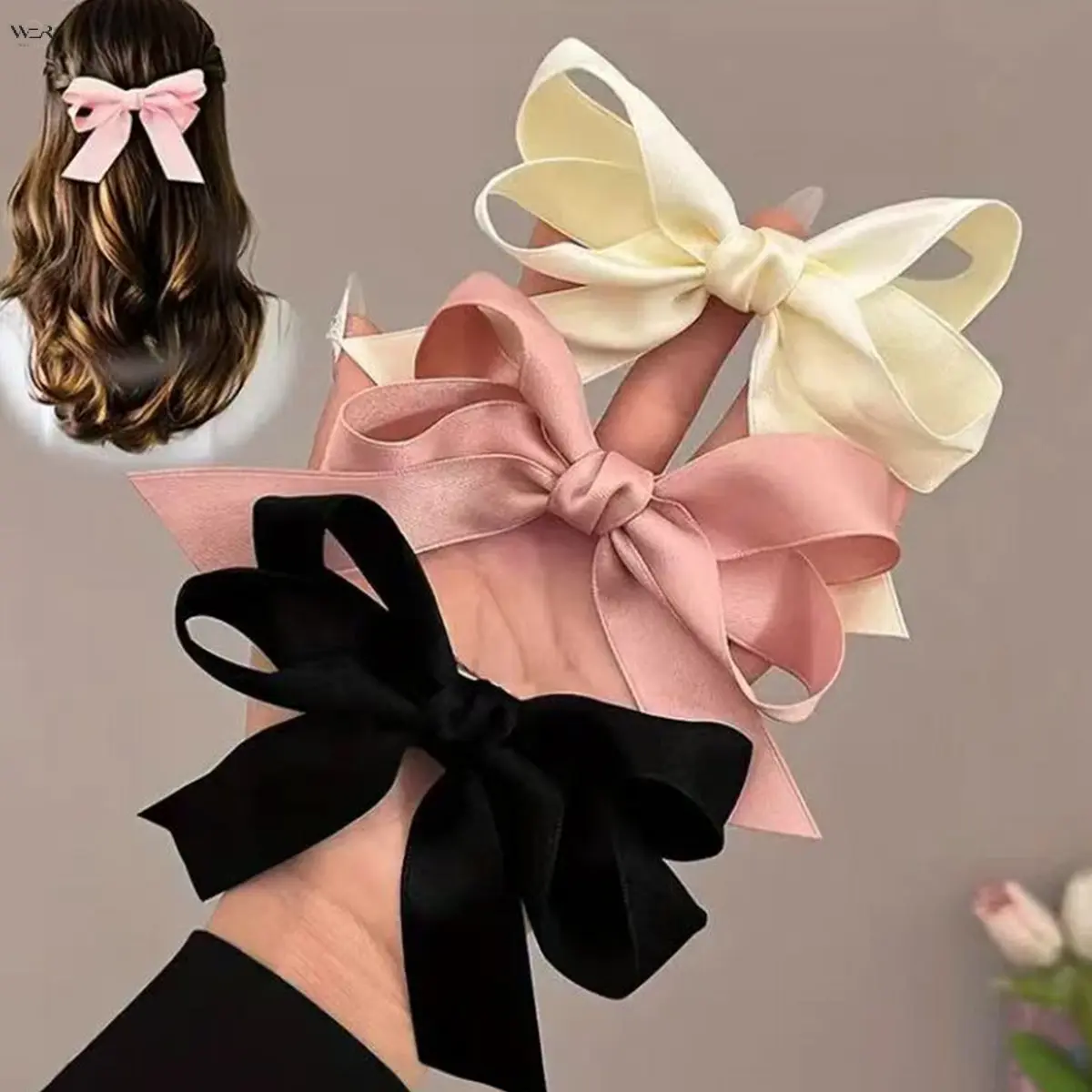 Satin Double Bow Alligator Hair Clip, 7.5cm Smooth Ribbon Bow Barrette, Multi-Color Solid Bow Hair Pin, Elegant Minimalist Hair Accessory for Women's Daily, Party, and Wedding Hairstyles
