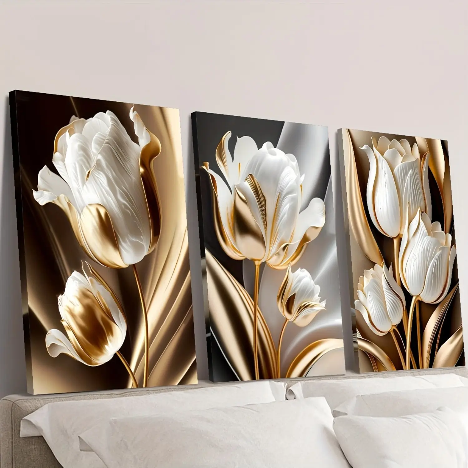 3-Piece Elegant Black, Gold and White Flower Wall Art - 2D Flat Surface, Luxurious Wood Frame, Multi-Size Home Decor Hanging Accessories