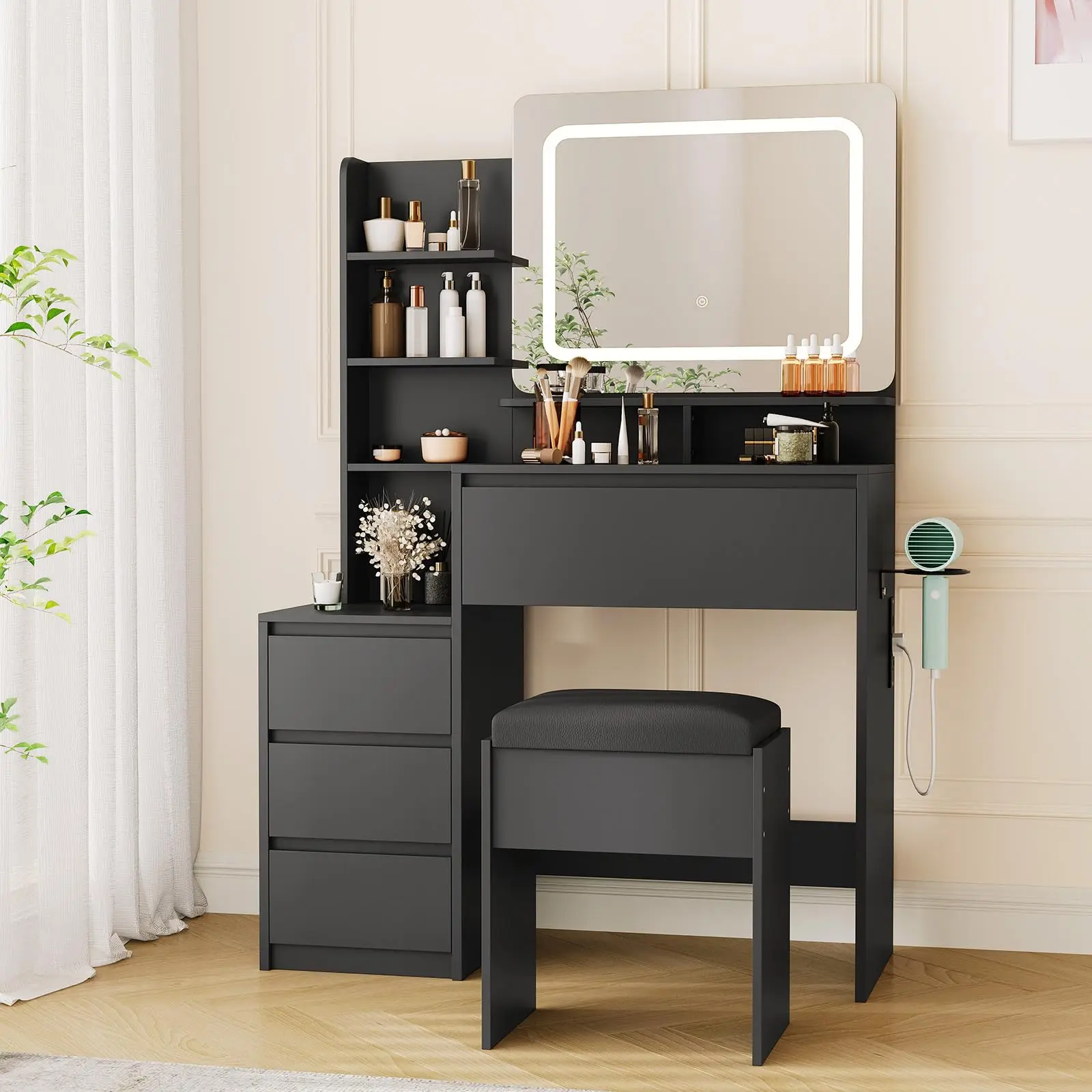 Garvee Makeup Vanity With Lights, 36-Inch Vanity Desk,  4 Large Drawers Dresser, 3 Lighting Modes, Stool & Charging Station, Modern Vanity Table for Bedroom, Women,Black
