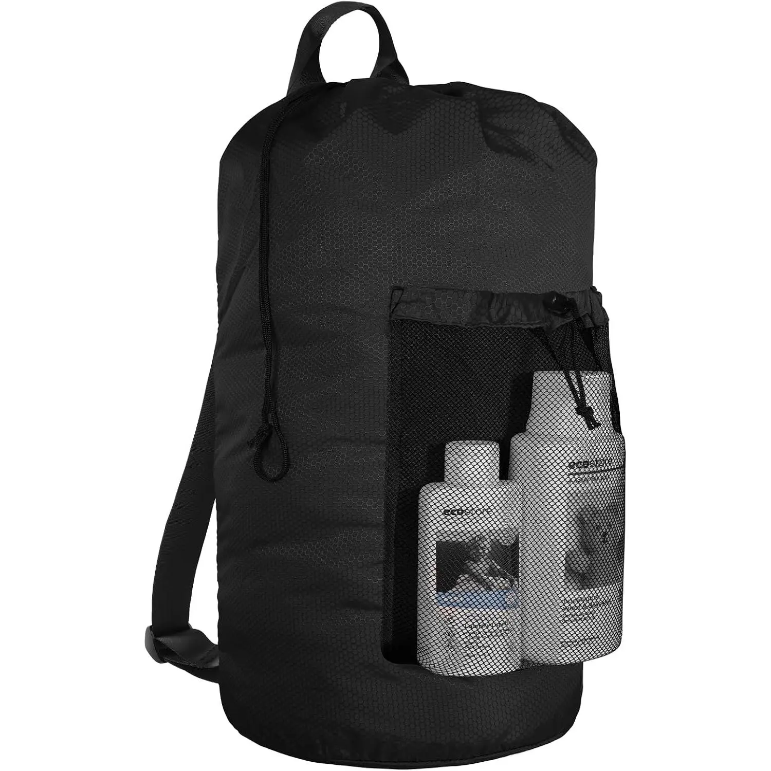 Laundry Bag Backpack, Large Travel Laundry Bags with  Straps & Mesh Pocket Durable Polyster Clothes Hamper Bag for College Laundromat Apartment (Black, Large)