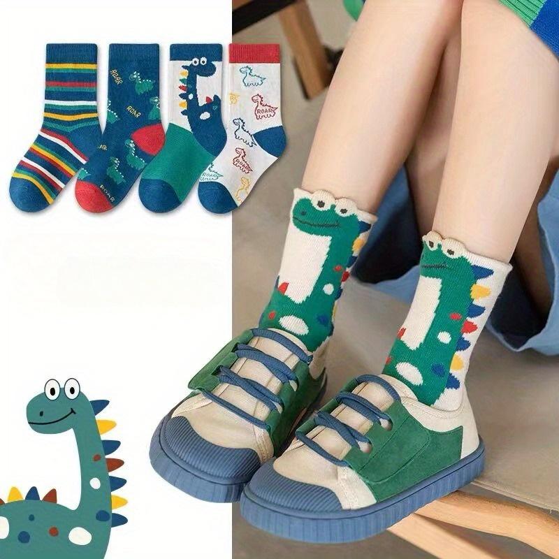 New20-Pack Kid's Dinosaur Cartoon Calf Socks - Polyester & Spandex Blend, Knit Fabric, Soft Warm Athletic Mid-Tube Footwear for Kids Aged 12 & Under, Hand Washable - Multicolored