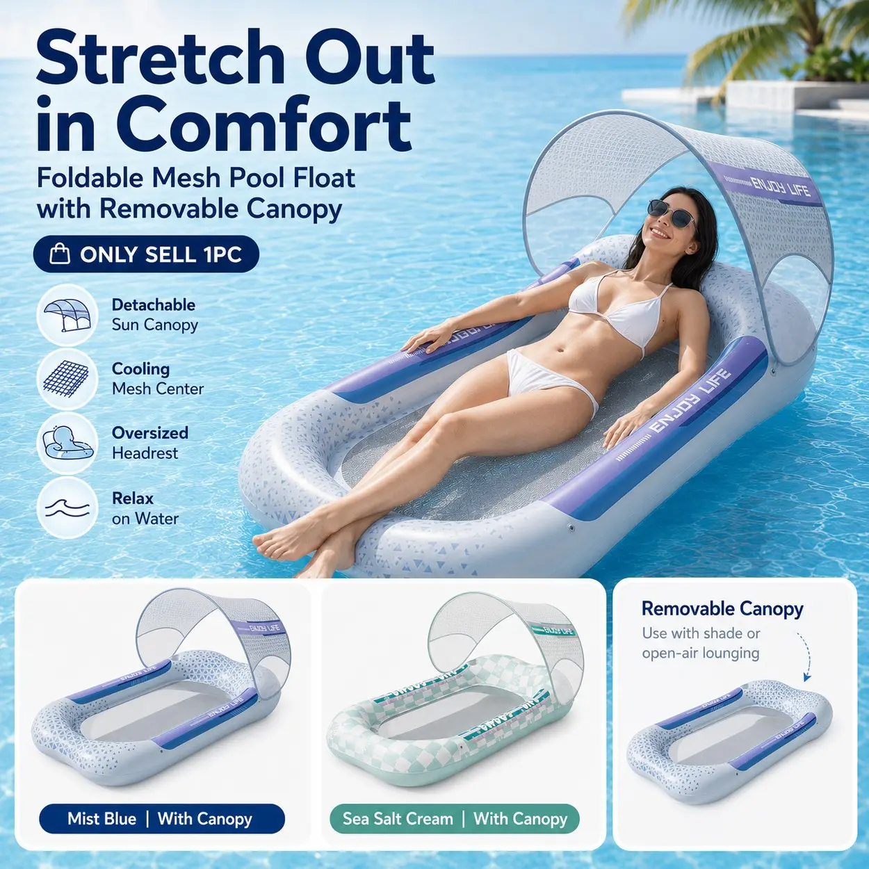 Inflatable Pool Float with Canopy, Pool Inflatables, 59x31in Thickened PVC Water Hammock Lounger, Foldable Mesh Floating Bed Raft with Sunshade, Portable Adult Pool Float for Swimming Pool, Beach, Lake, Pool Party & Summer Outdoor Water Play