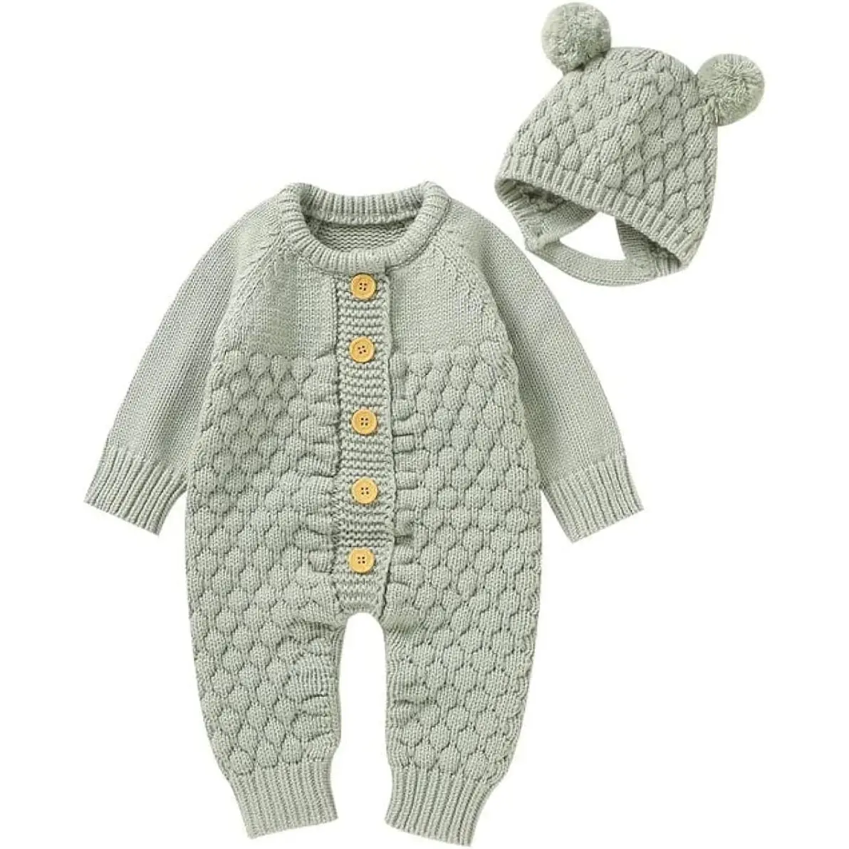 Unisex Baby Knitted Texture Cotton Romper Set - Long-Sleeve Sweater Clothes with Warm Hat, Prop 65 Safe for Newborns Infants Toddlers