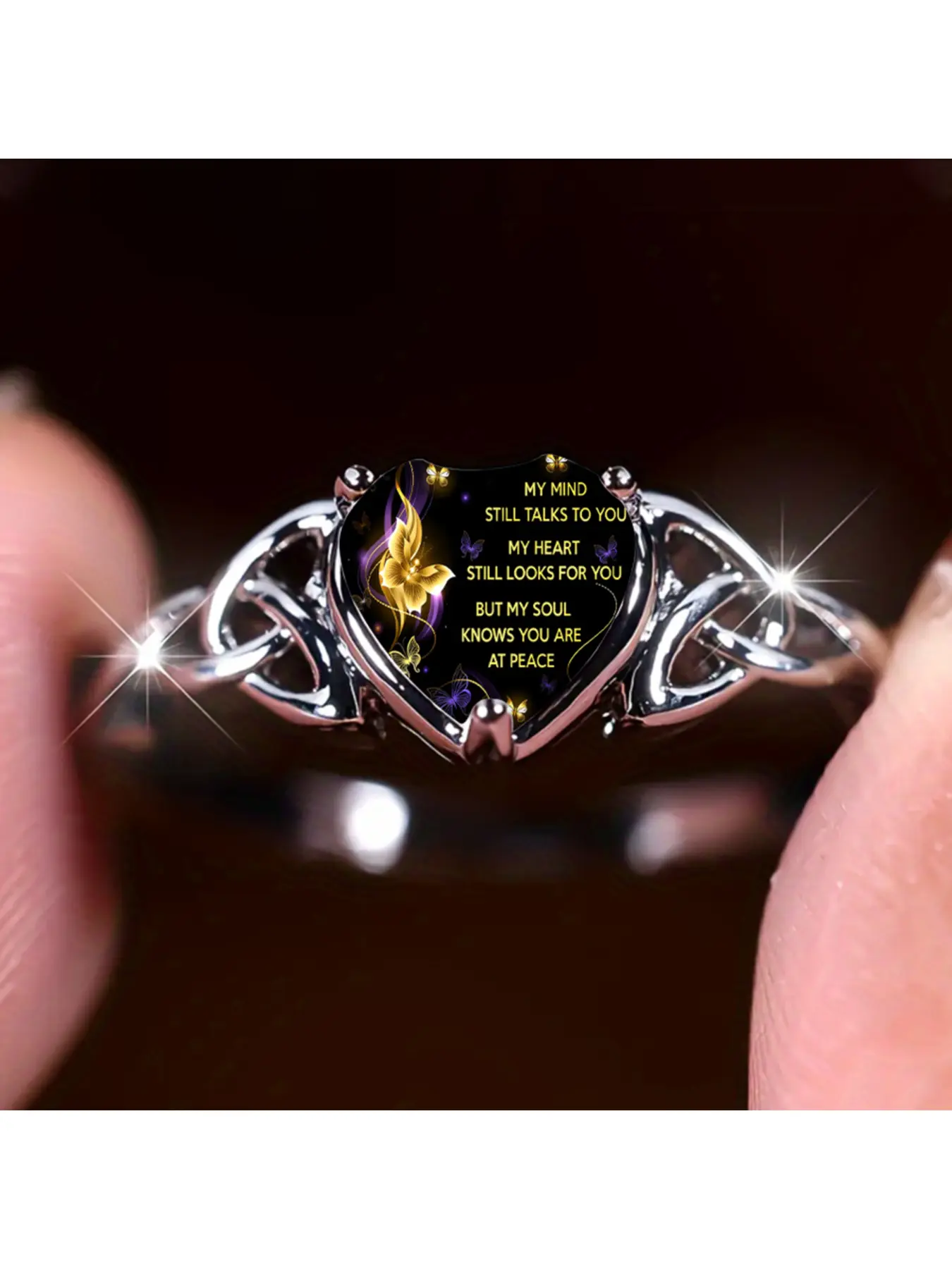 Purple Gold Butterfly Memorial Mourning Love Celtic Ring - Nostalgic Family Remembrance Healing Heartfelt Jewelry - Gentle Atmosphere Memorial Gift for the Departed