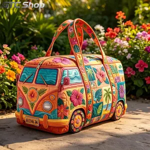 Floral Bus Shaped Quilted Embroidery Multipurpose Tote Bag, Trendy Roomy Portable Handbag, Sturdy Carryall for Vacation Trips, Gym Workouts, Outdoor Travel & Daily Shopping Errands